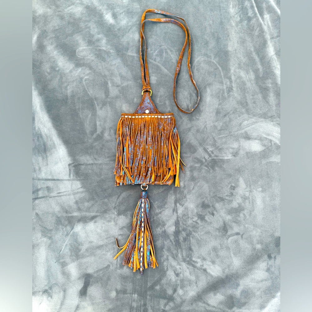 Colleen Cordero designer camel/blue fringe messenger purse. New.